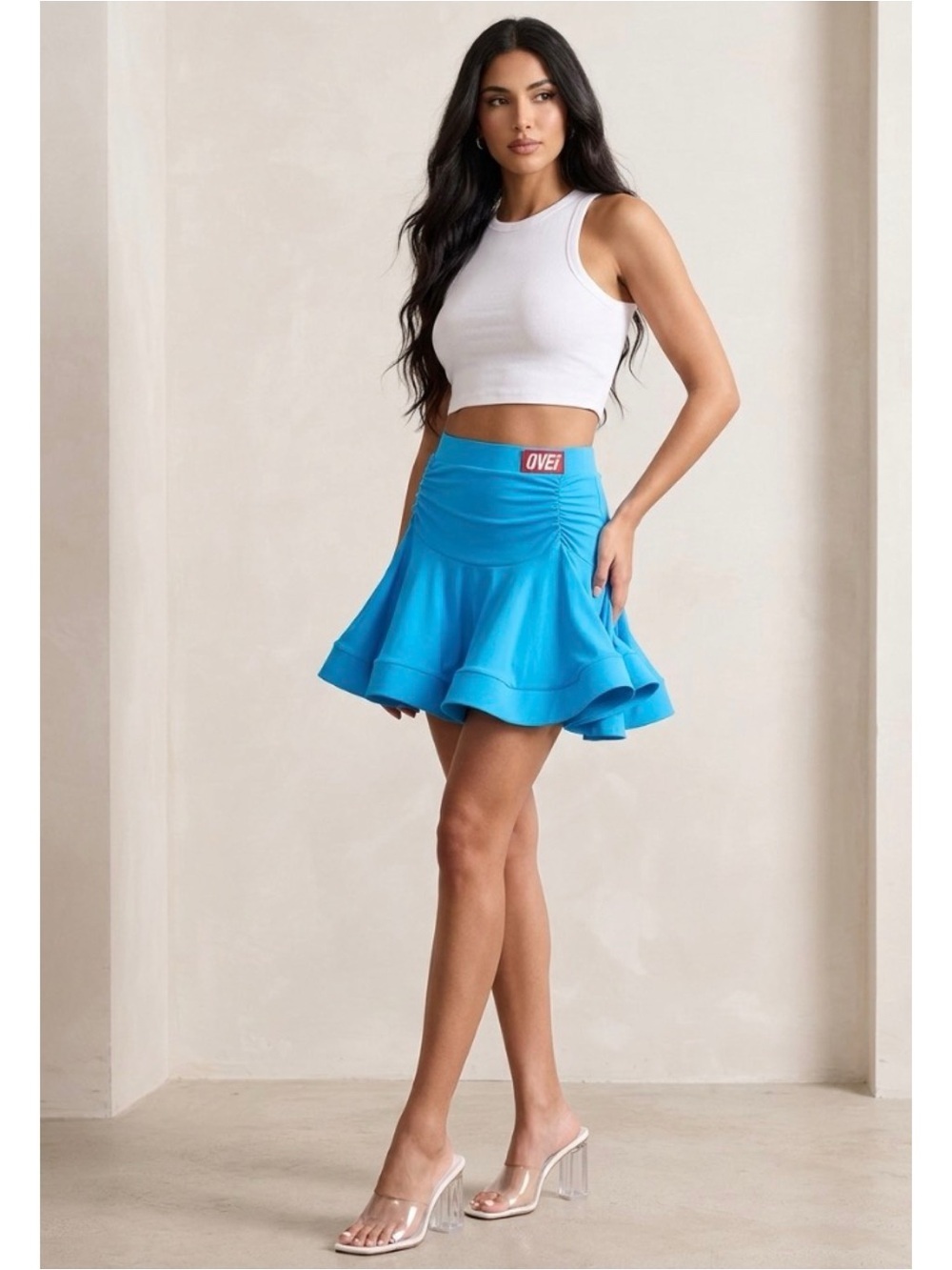 QVEI Y2K Vibrant Blue Scuba Ruffle Ruched Flounce Structured Coquette Skirt S